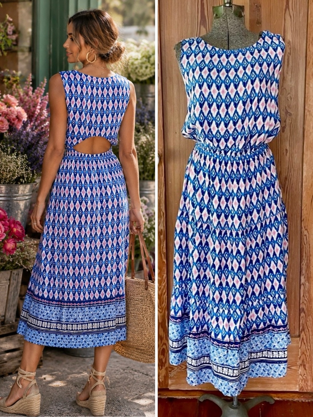 Beach Lunch Lounge Peonia Back Cutout Colorful Patterned Midi Dress Sz XL 💚🎀